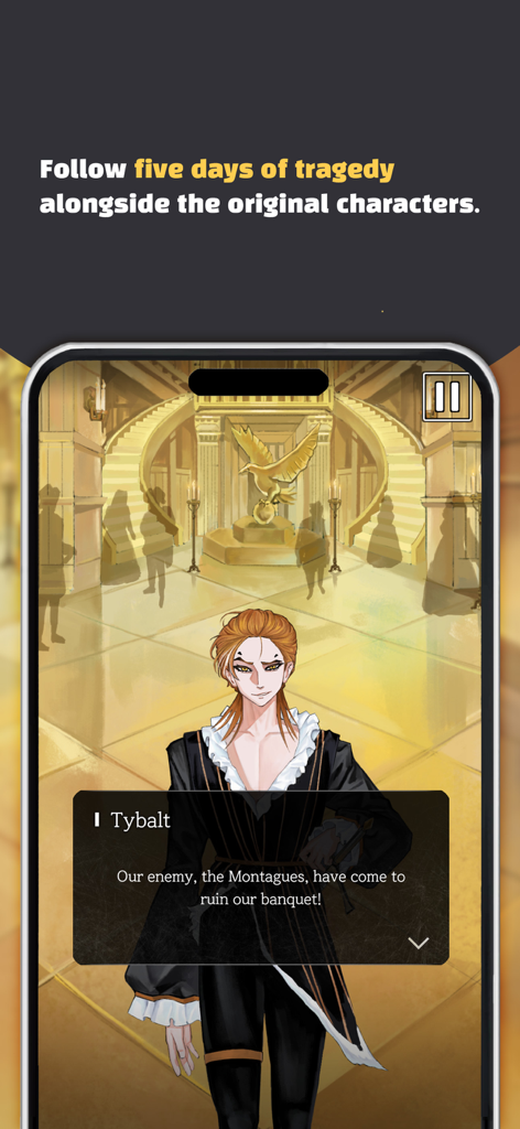 Romeo and Juliet: Love Story - ロミオとジュリエット ラブストーリーのモバイルゲーム、宴会でのティボルトが登場するキャラクター対話画面。