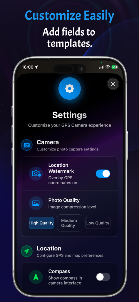 GPS Camera: Live Map & Geotag - The settings menu of the GPS Camera app showing customization options for location watermarks and photo quality.