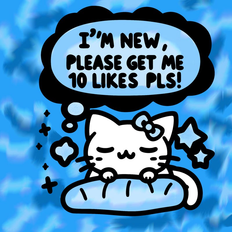 kitty taking a nap dream talking and saying "i'm new, please get me at least 10 likes pls!!"