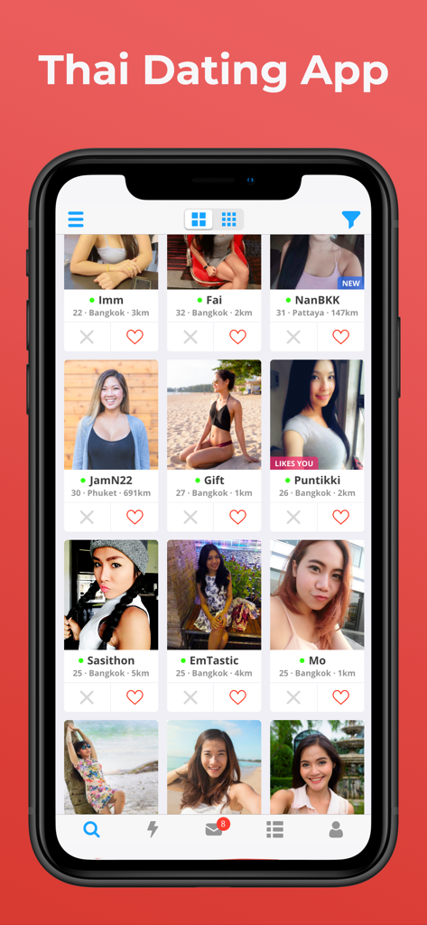 ThaiFriendlyデートアプリでタイ人女性のプロフィールのグリッドを表示しているスマートフォンの画面