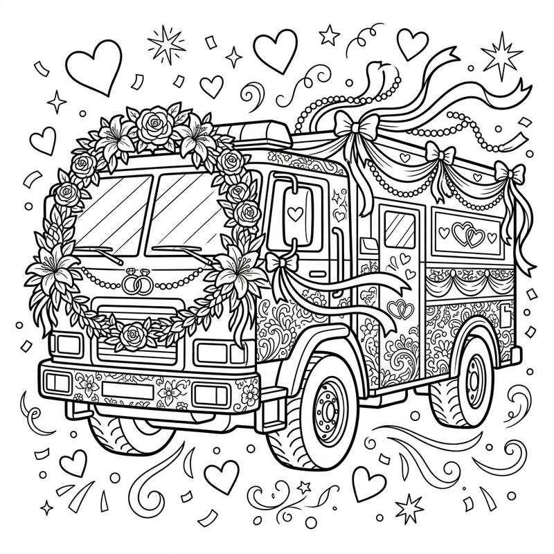 Unleash your creativity with this wonderfully whimsical Hazmat Vehicle wedding coloring page, where industrial strength meets romantic charm. Dive into a delightful design featuring floral wreaths, elegant ribbons, and subtle wedding details.