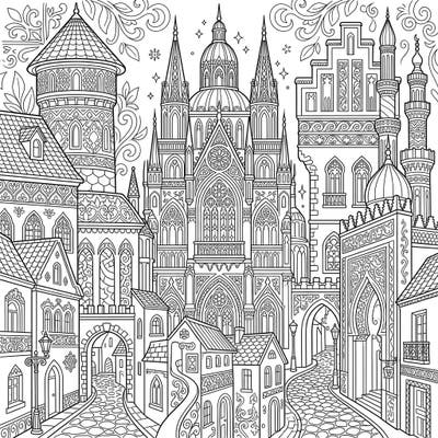 Immerse yourself in a beautifully detailed city scene, perfect for adult coloring enthusiasts. This intricate architectural landscape invites you to bring its complex patterns and majestic buildings to life with color.