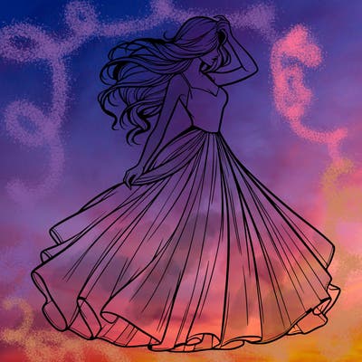 realistic woman with dress flowing in the wind