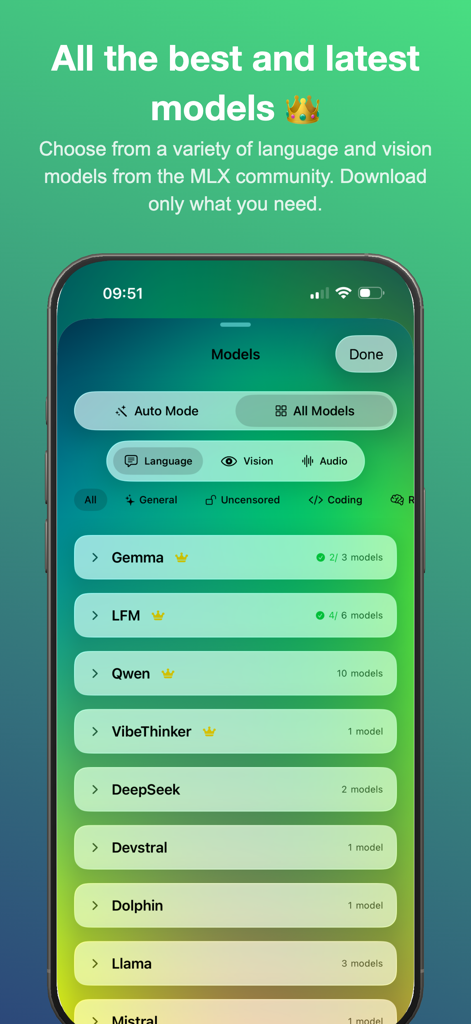 Interface showing a list of downloadable local AI models like Llama and Mistral in the Solair AI app.