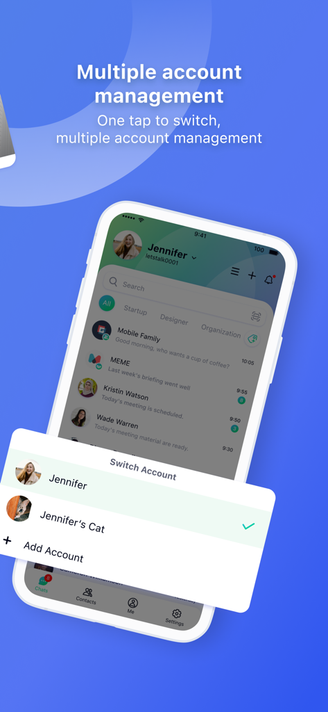 Letstalk IM - Letstalk IM mobile app interface showing the multiple account management and switch account feature