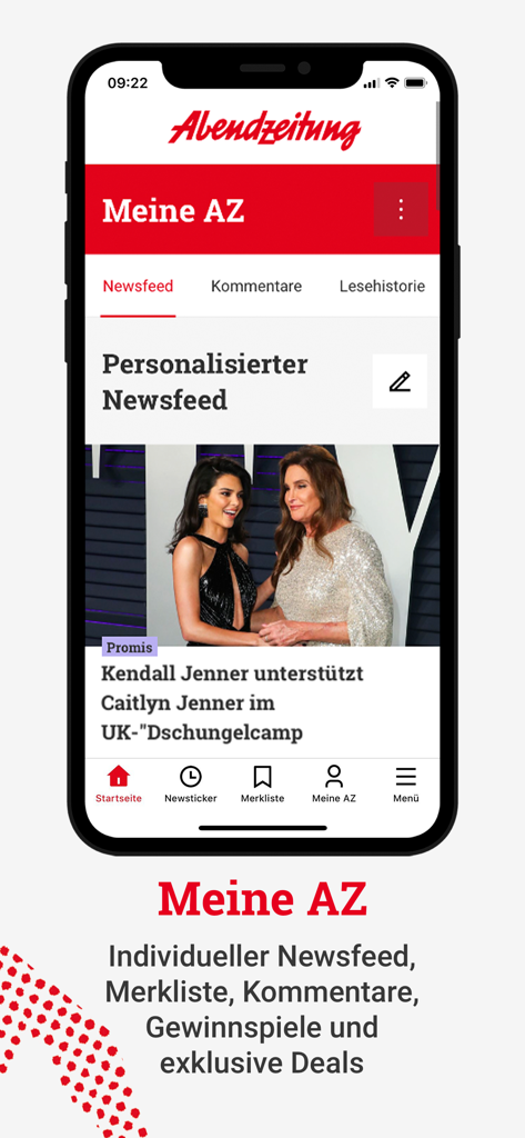 Abendzeitung München - Abendzeitung Muenchen app showing a personalized newsfeed with celebrity news
