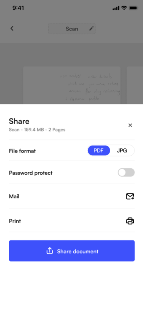 Scan UP – Secure Scanner - Share menu in Scan UP app with options for file format and password protection.