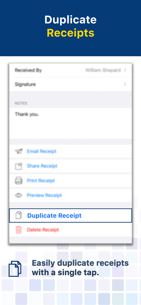 Receipt Maker - Sign & Send - Bildschirm einer mobilen App, der die Funktion zum Duplizieren von Quittungen mit einem einzigen Fingertipp zeigt