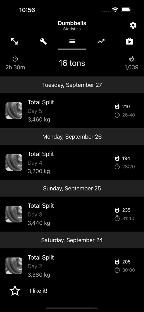 A mobile app screenshot showing a detailed history of dumbbell workouts including weight lifted and calories burned.