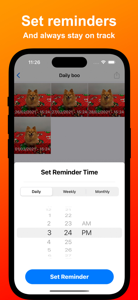 Daily Picture - Selfie a day - Setting a daily reminder in the Daily Picture app to track progress photos of a pet dog