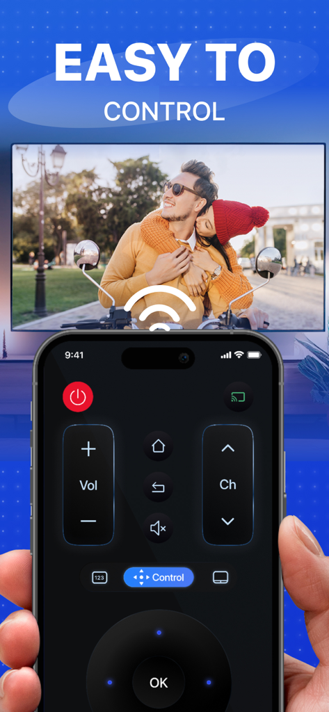 TV Remote for Smart TVs - Smartphone screen showing a digital TV remote control with navigation buttons and a photo cast on the background TV