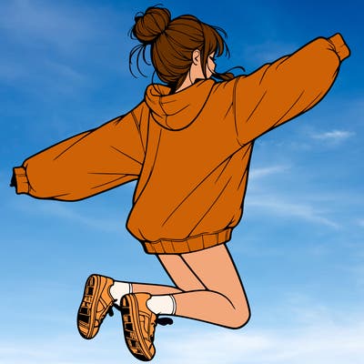 realistic girl jumping with a bun and oversized sweatshirt