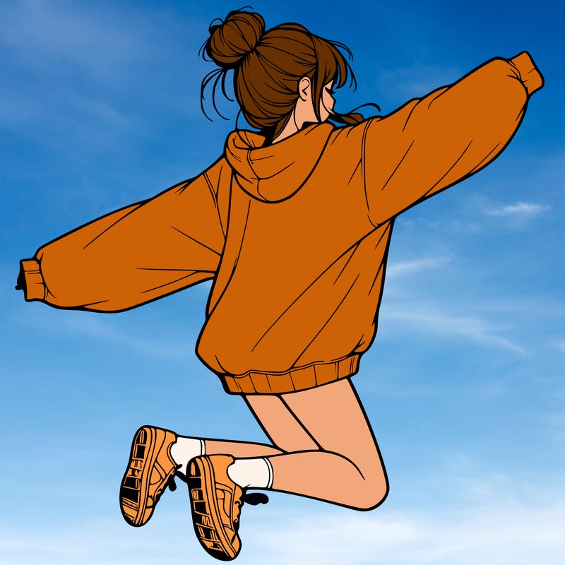 realistic girl jumping with a bun and oversized sweatshirt