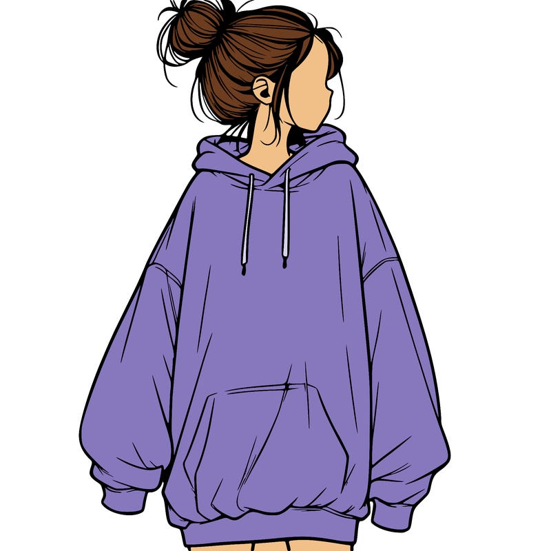 realistic girl with a oversized sweatshirt on and a bun