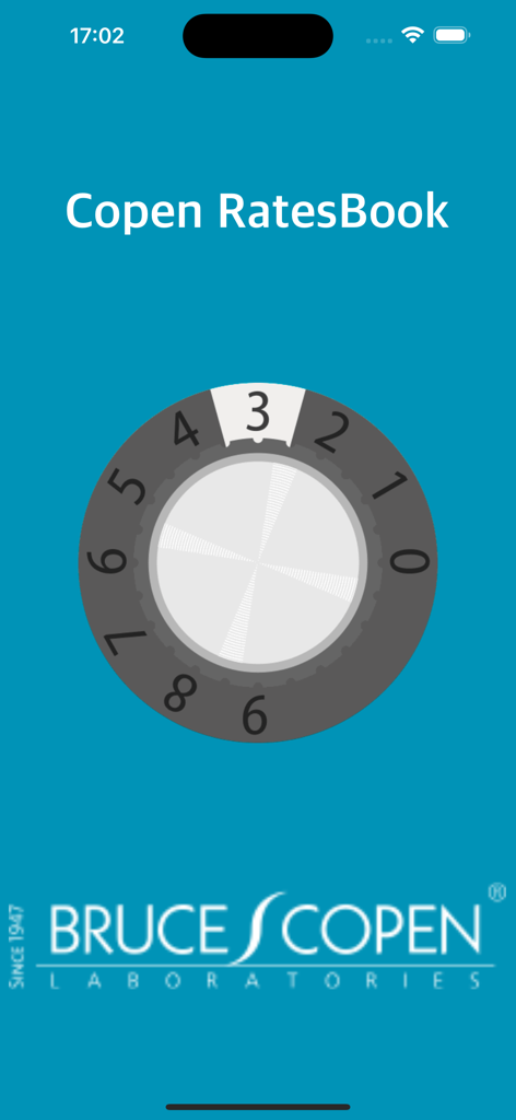 La pantalla de inicio de la aplicación Copen RatesBook muestra un dial numérico y el logo de la empresa sobre un fondo azul