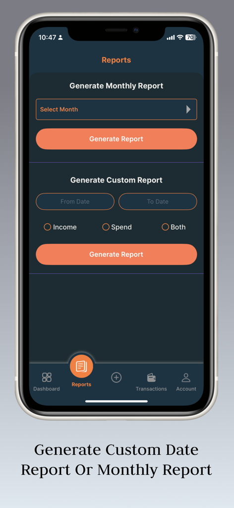 Daily Spend - Expense Tracker - A mobile interface of the Daily Spend app showing options to generate monthly or custom expense and income reports.