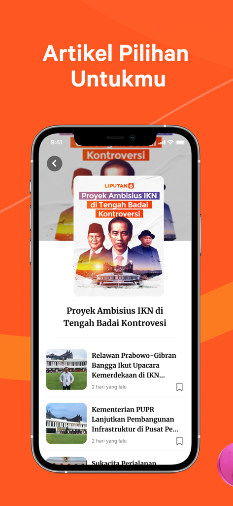 Liputan6.com - Berita Terkini - Screenshot of the Liputan6 news app displaying a selection of articles including headlines about the IKN project in Indonesia