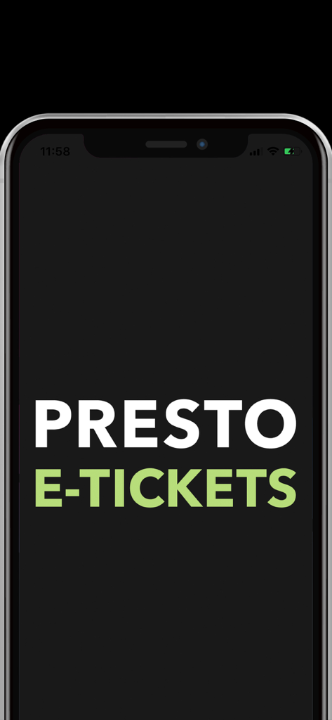 Splash screen of the PRESTO E-Tickets mobile app showing the app name in white and green text on a dark background