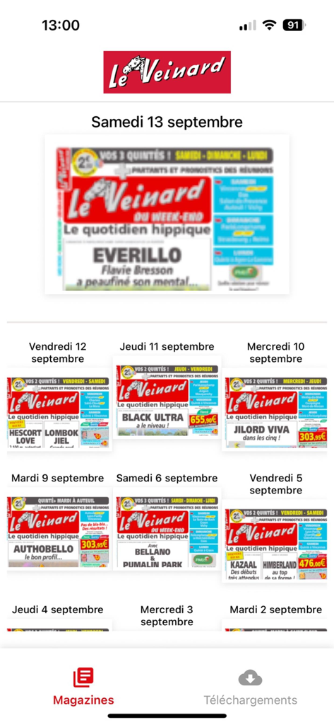 Grille des magazines de pronostics hippiques quotidiens dans l'application Le Veinard.