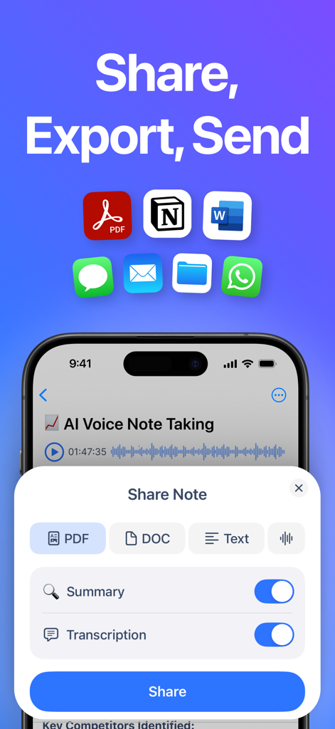 AI Note Taker – VoicePen - VoicePen app interface showing options to share and export AI notes as PDF or DOC to Notion, Word, and messaging apps.