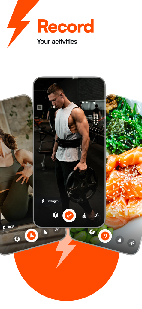 Three phone screens displaying users recording yoga, strength training, and healthy meals on the Dopamine app
