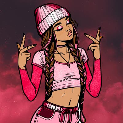 realistic teenage girl with braids and a beanie and crop top doing 🫶🏼