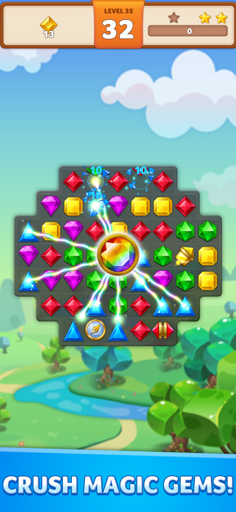 Jewel Match King - Gameplay of Jewel Match King showing a glowing magic gem clearing puzzle pieces on level thirty five