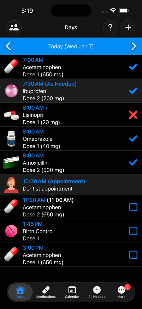 Tela de agenda diária no aplicativo Lembrete de Pílulas mostrando uma lista de medicamentos e uma consulta médica com caixas de seleção e um ícone de dose perdida