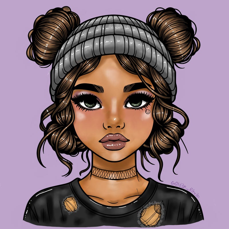 realistic girl with buns in her hair with a beanie on
