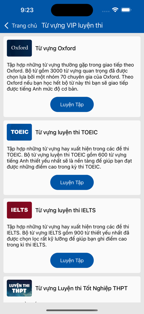 Screenshot of the Dịch Tiếng Anh TFlat app showing VIP English vocabulary lists for Oxford, TOEIC, and IELTS exam preparation in Vietnamese.