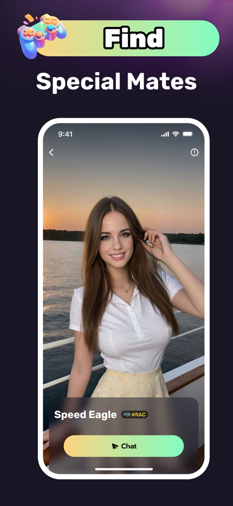 AICht app interface showing an AI character profile with a chat button and the heading Find Special Mates