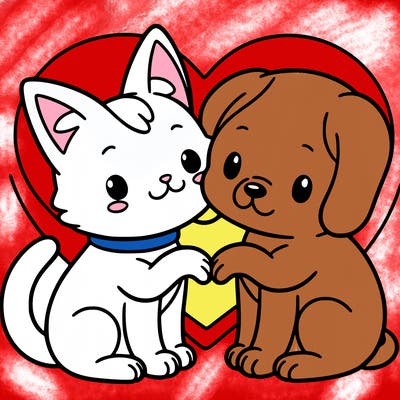 cat and a dog has a heart in realistic