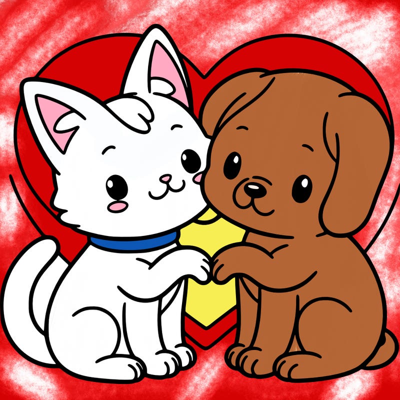 cat and a dog has a heart in realistic