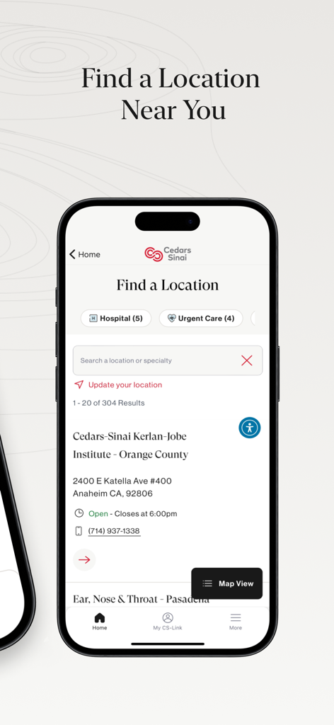 A tela 'Encontrar uma Unidade' no aplicativo móvel Cedars-Sinai mostrando instalações médicas próximas e opções de busca.