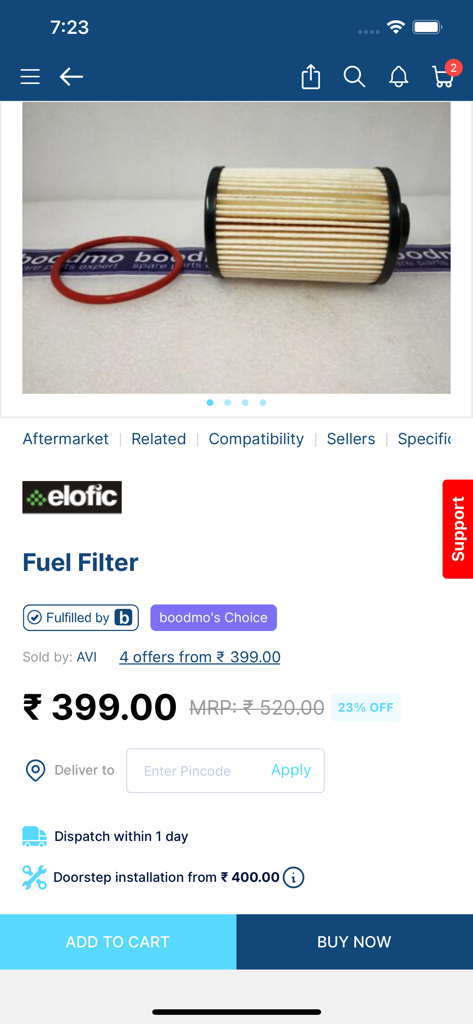 Boodmo - Boodmo app interface showing a car fuel filter product listing with price and purchase buttons