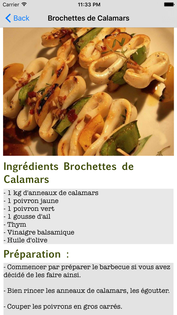 Mobile app screen showing a recipe for calamari skewers with a photo and ingredients list in French