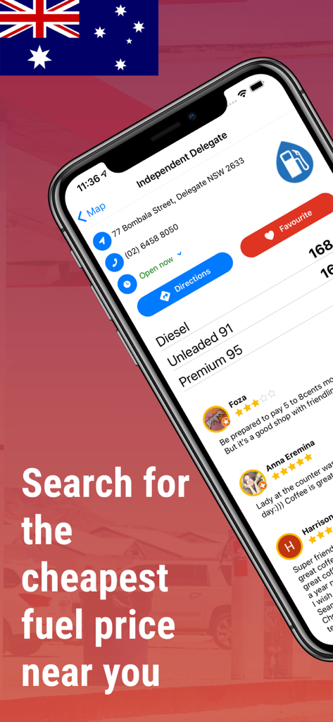 Fuel Check NSW - Cheap Petrol - Mobile app screen showing fuel prices and user reviews for a gas station in New South Wales
