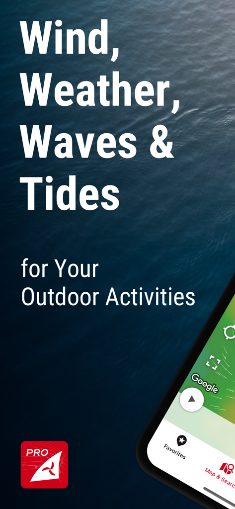 Windfinder Pro app screen showing wind weather waves and tides forecast for outdoor activities