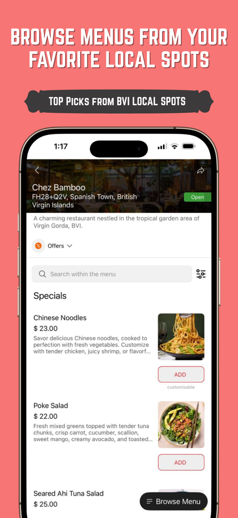 Dash Me: BVI's Food Delivery - Interfaz de la aplicación móvil que muestra elementos del menú de restaurantes locales y precios para entrega de comida en las Islas Vírgenes Británicas