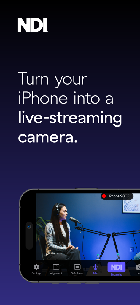 Pantalla de smartphone mostrando la interfaz de la aplicación NDI Camera durante una transmisión en vivo de un podcast