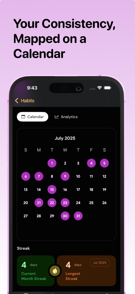 Goal Tracker - Rise - Rise Goal Tracker app calendar view showing habit consistency and streaks.