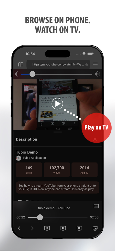 Tubio - Cast Web Videos to TV - Interface do aplicativo Tubio em um iPhone mostrando um vídeo da web com um botão vermelho Reproduzir na TV