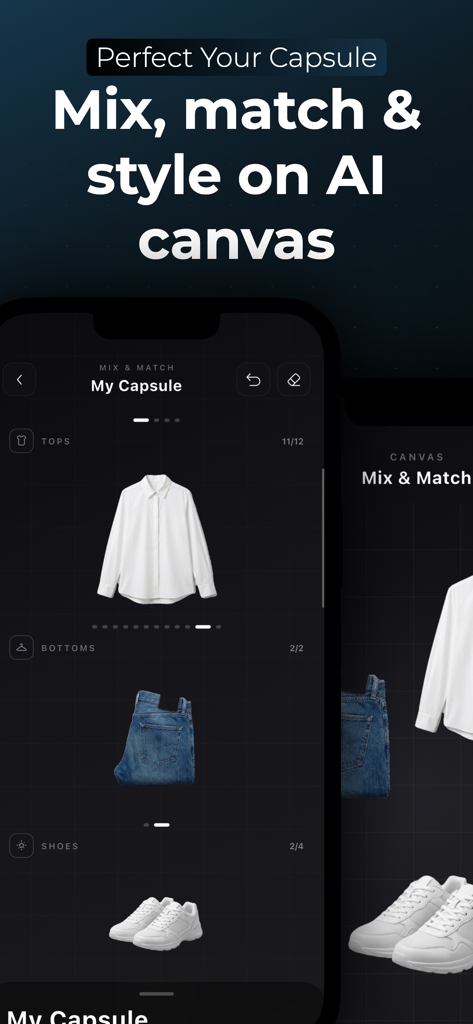 SELION.AI - SELION.AI app interface showing a digital canvas to mix and match a capsule wardrobe with a white shirt, jeans and sneakers