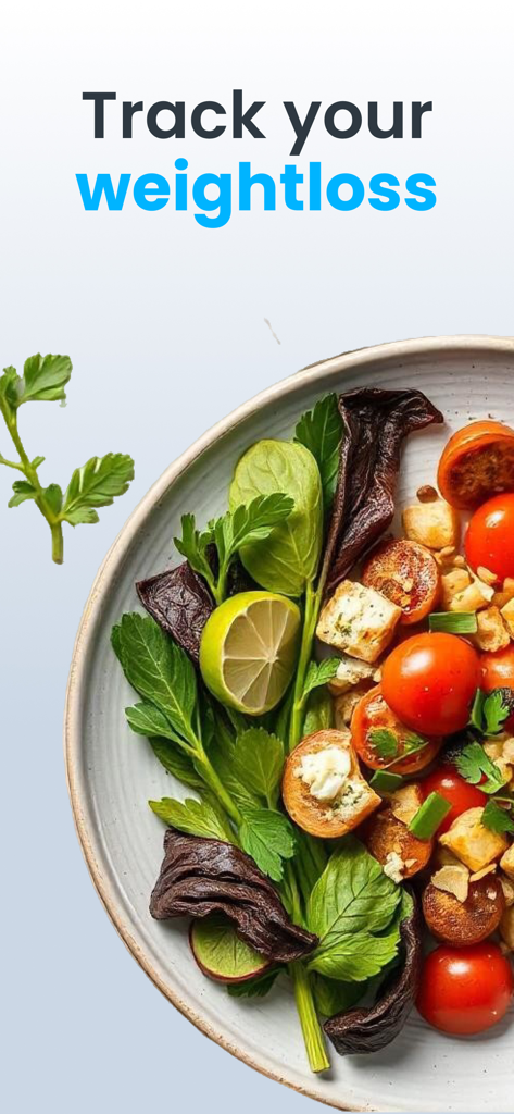 A fresh healthy salad bowl with cherry tomatoes and greens promoting weight loss tracking.