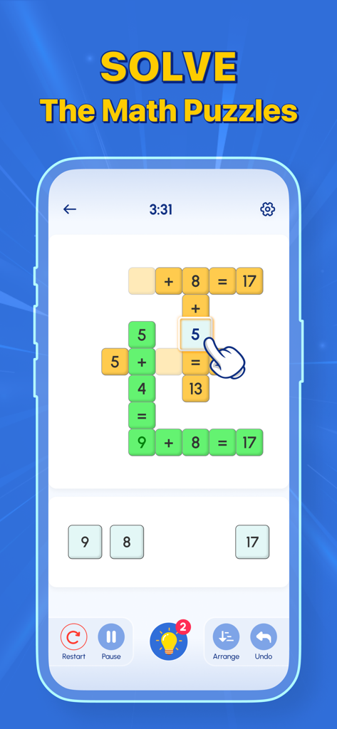 Cross Math: Brain Workout - Una persona resolviendo un crucigrama aritmético en un teléfono móvil en el juego Cross Math Brain Workout.