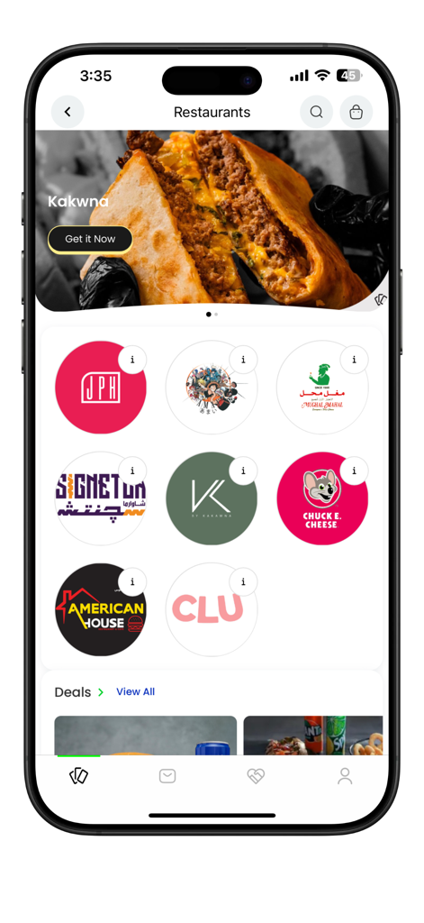 iCards World - iCards World mobile app interface showing various restaurant gift card options and featured food deals
