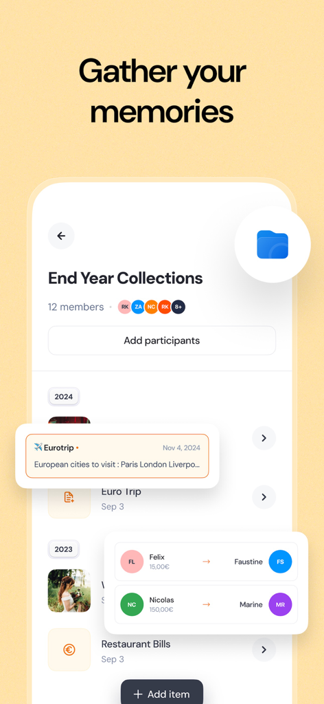 Airbum app screen showing organized collections of memories and shared trip details with multiple participants
