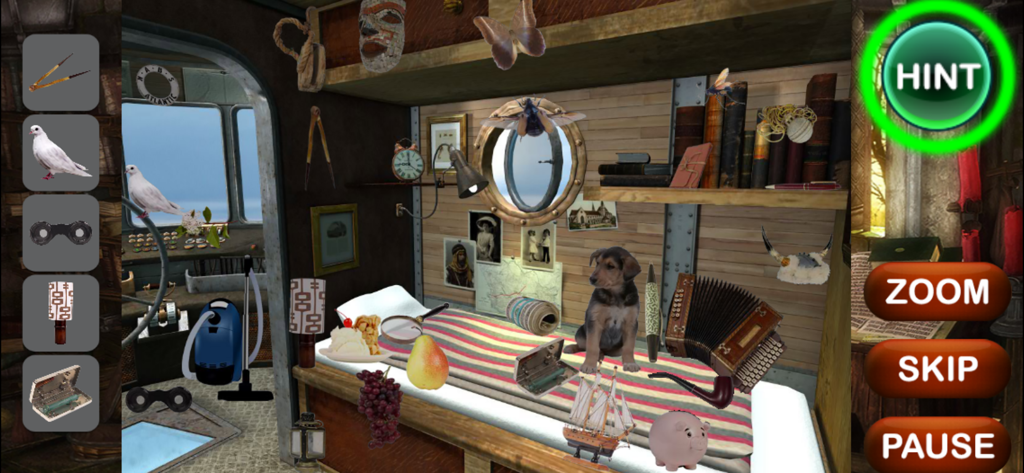Mystery Hidden Objects - A busy cabin interior filled with various items like a dog and an accordion for a hidden object puzzle.