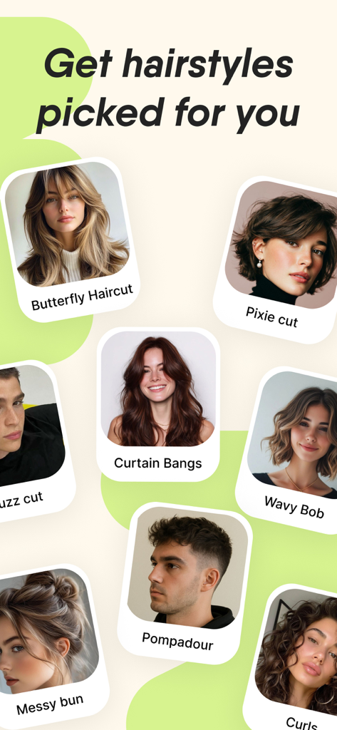 Face Shape Finder Detector - Eine Sammlung personalisierter Frisurenempfehlungen für verschiedene Gesichtsformen, einschließlich Pixie-Schnitt und Curtain-Bangs.