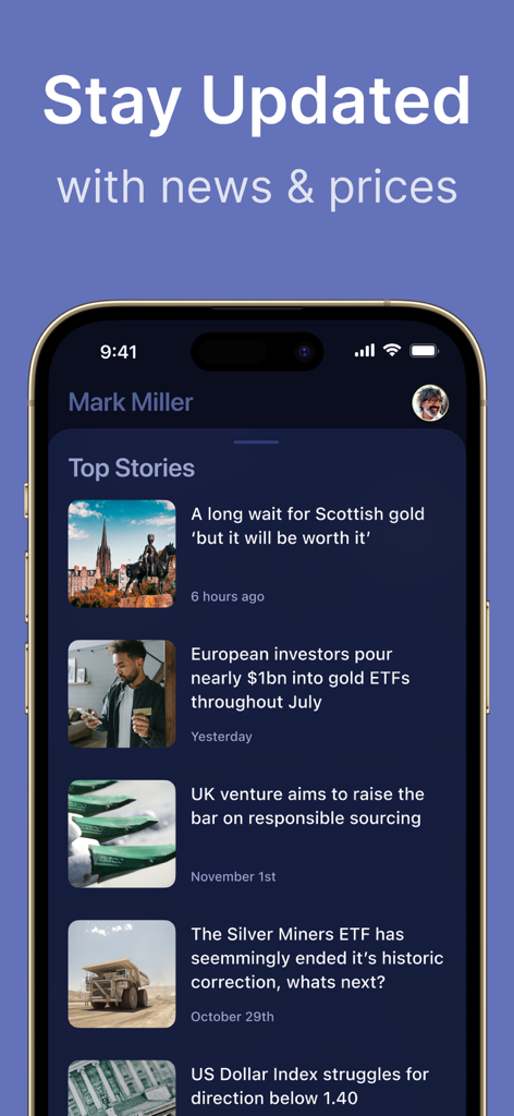 Mobile app screen showing financial news headlines about gold and silver markets.
